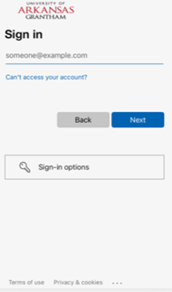 University of Arkansas Grantham "sign in" screen