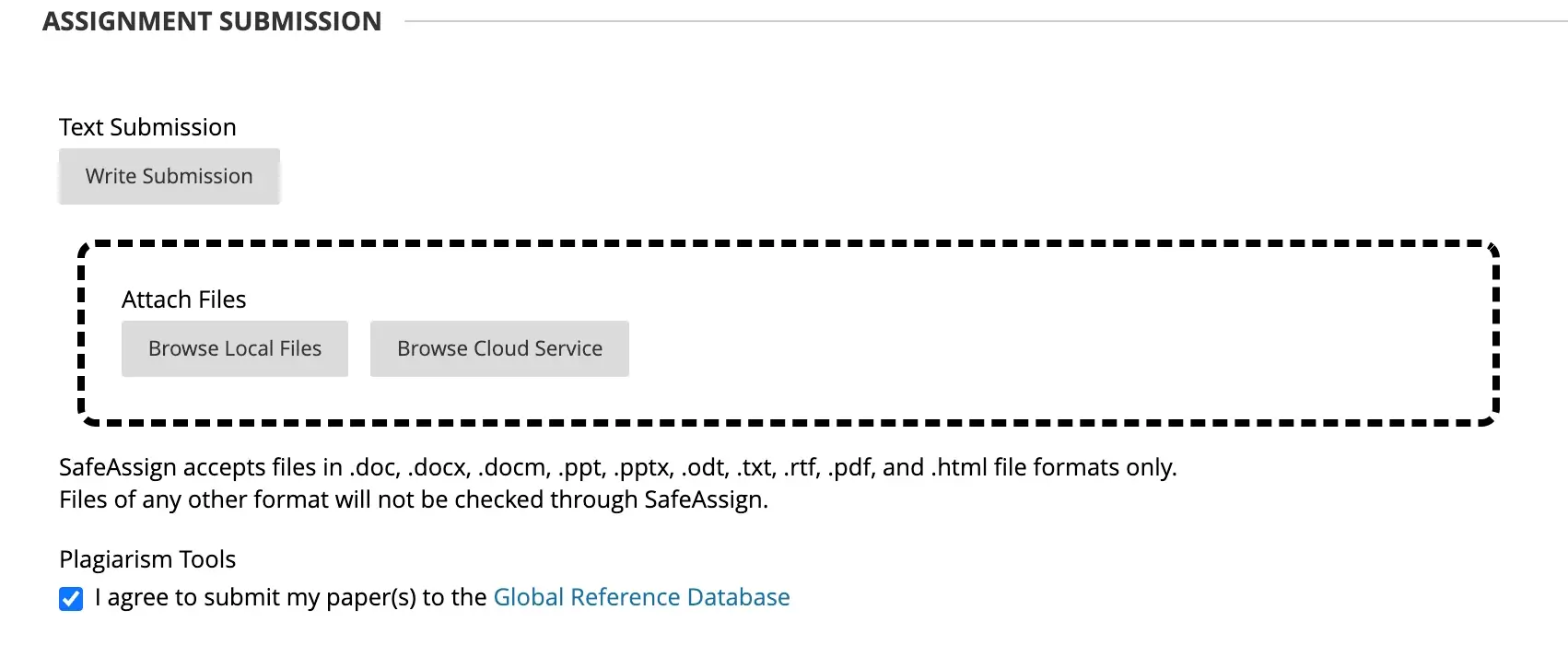 Select 'Browse Local Files'. Navigate to your assignment on your computer and select it for uploading. Once uploaded, select the box next to 'Plagiarism Tools' to submit your paper to the global reference database.